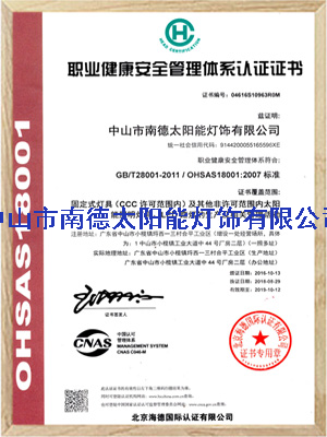 AG九游会职业健康安全管理体系认证证书